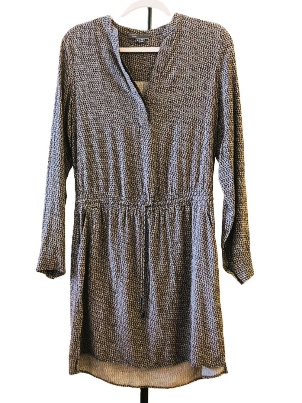 Vince 100% Silk Printed Geometric Drawstring Shirtdress Split Neck Brown Size 6